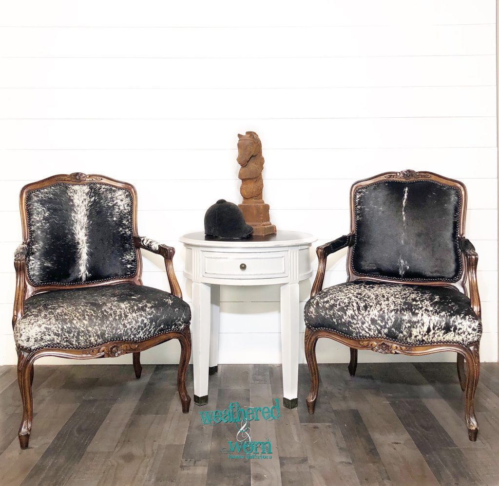 Provincial Chairs Reupholstered in Cow Hide